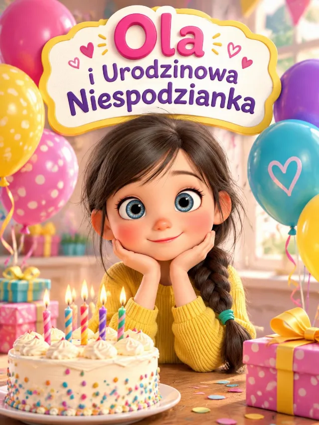 Okładka „Ola i Urodzinowa Niespodzianka”: dziewczynka z warkoczem przy torcie i balonach