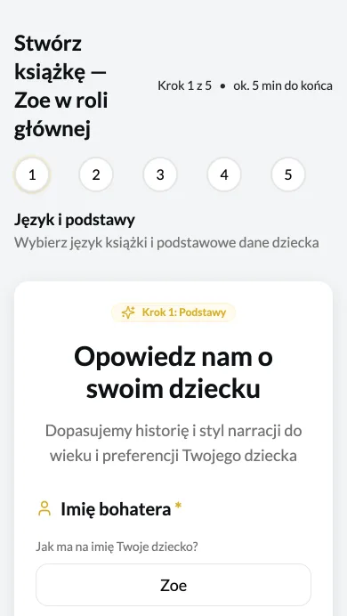 Pierwszy krok kreatora z licznikiem kroków i polem na imię dziecka