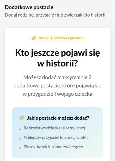 Trzeci krok kreatora z podpowiedziami, jakie postacie można dodać