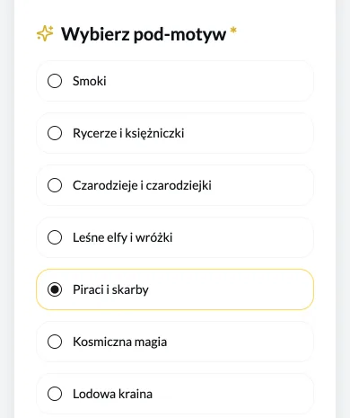 Czwarty krok kreatora z listą podmotywów i zaznaczonym motywem Piraci i skarby