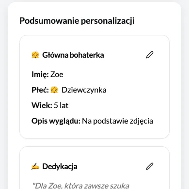 Piąty krok kreatora z podsumowaniem danych bohaterki